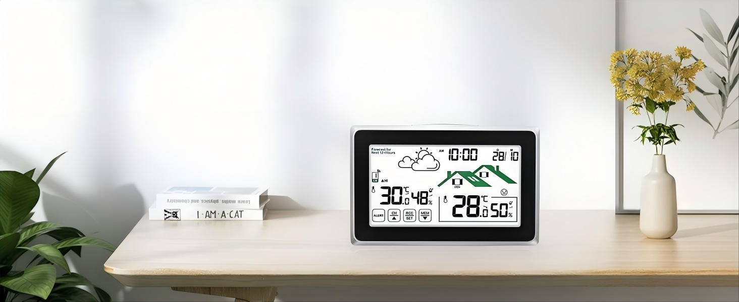 Precision Thermometer device with dual display showing temperature in Celsius and Fahrenheit, compact design with button controls